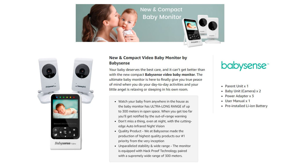 Babysense Video Baby Monitor with Camera and Audio, 2.4" Display, Supplied with Two Cameras, Long Range, Room Temperature, Night Vision, Two Way Talk Back, Lullabies and White Noise, Model V24R_2