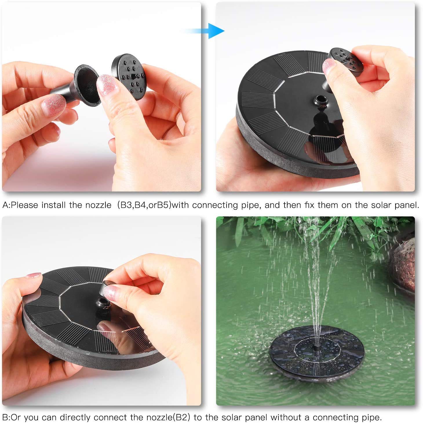 Solar Water Fountain 16 Cm with 4 nozzles, Floating Solar Powered Fountain Pump for Bird Bath  Garden Pond Pool Outdoor 1.4W Round
