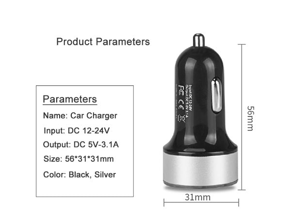 Dual USB Car Charger 3.1A Fast Charging with LED Digital Voltmeter – Cigarette Lighter Mobile Phone USB Adapter for 12V–24V Vehicles