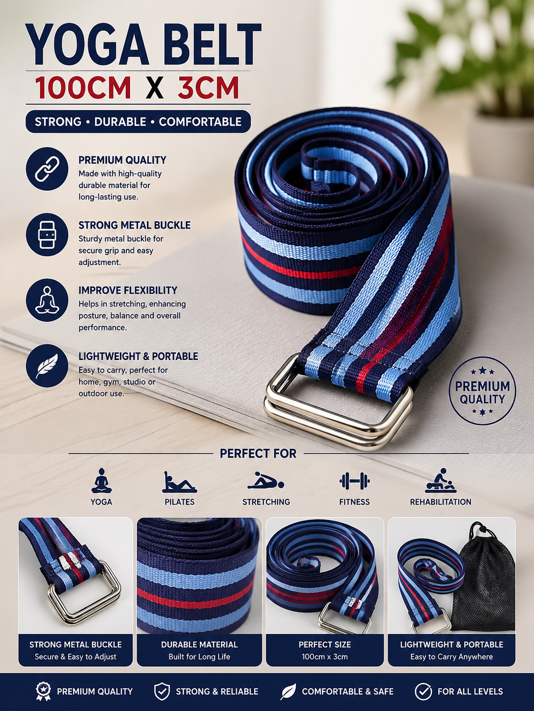 Yoga Stretch Belt 100cm x 3cm – Premium Quality Yoga Strap with Metal Buckle – Adjustable Exercise Stretching Belt for Yoga, Fitness & Flexibility Training