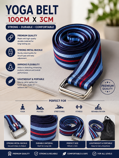 Yoga Stretch Belt 100cm x 3cm – Premium Quality Yoga Strap with Metal Buckle – Adjustable Exercise Stretching Belt for Yoga, Fitness & Flexibility Training