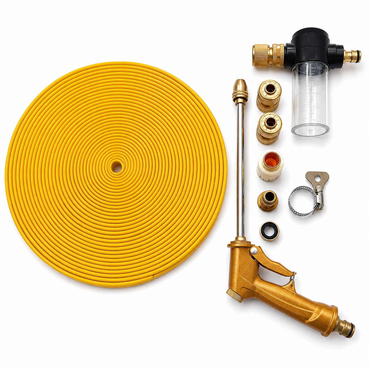 High Pressure Brass Car / Garden Hose Foam Gun Sprayer with Soap Dispenser (3.5oz) – Adjustable Nozzle, 22 Meter Pipe, Complete Accessories, Heavy Duty Car Wash & Gardening Tool