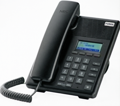 A black NEC FOMA landline telephone with a coiled cord, numeric keypad, and small display screen, shown on a plain white background.