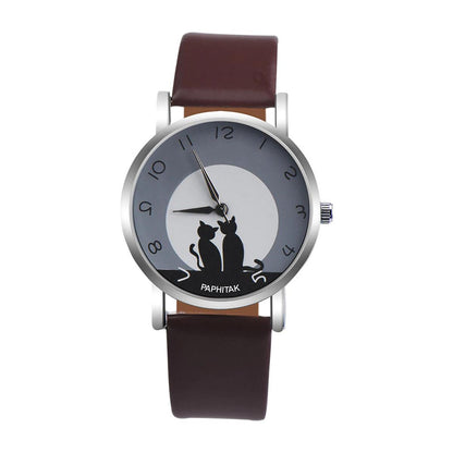 New Fashion Lovely Cat Pattern Casual Leather Band Watches Women Wristwatches Quartz Watch Clock