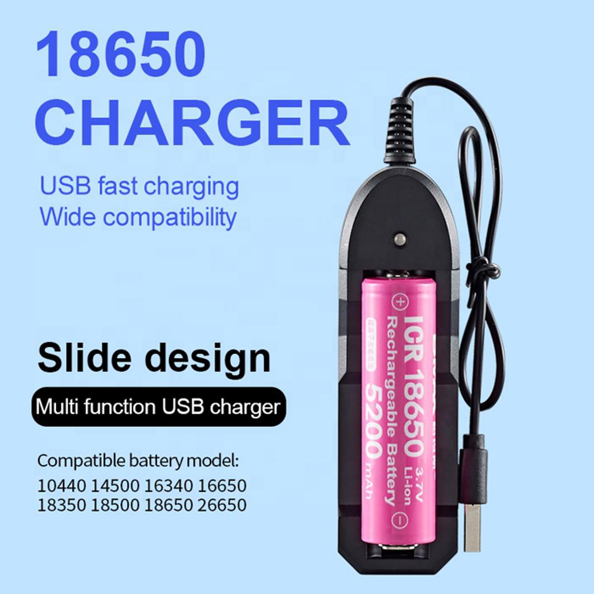 Single Slot 3.7V Charger for 10440 14500 16340 16650 18350 18500 18650 26650 USB Charging Portable Battery