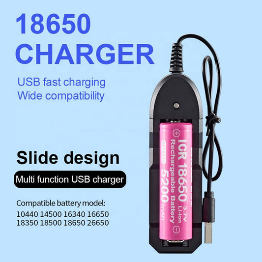 Single Slot 3.7V Charger for 10440 14500 16340 16650 18350 18500 18650 26650 USB Charging Portable Battery