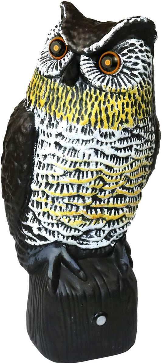 16" Solar Motion Sensor Hooting Owl Decoy – Solar Powered Bird Deterrent with Sound & Red LED Eyes, Motion Activated Fake Owl for Garden Pest Control