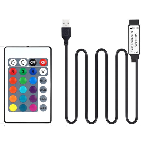 5V USB RGB LED Controller with IR Wireless Remote – 4-Pin 5050/2835/5630 LED Strip Controller (19cm / 1.5ft) for Color Changing Lights