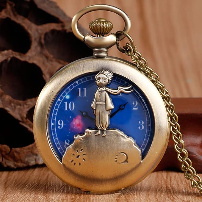Little Prince Design Pocket Watch Quartz Pocket Watch for Men Blue Planet Dial Necklace Pocket Watch Gift