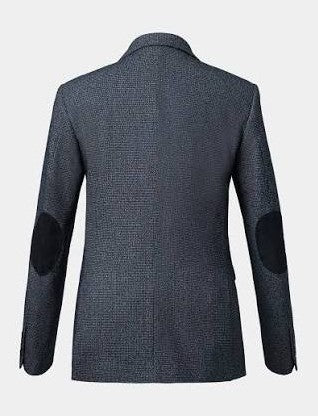 A men's blazer shown from the back, featuring a textured dark gray and black pattern with solid black elbow patches, set against a plain light gray background.