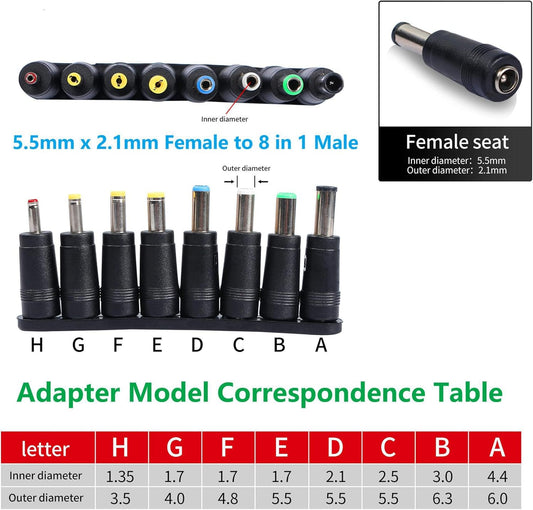 8-in-1 Universal Laptop DC Power Adapter Connector – 5.5mm x 2.1mm Female to Male Plug Converter with 22cm Tuning Fork Cable for Laptop Power Supply