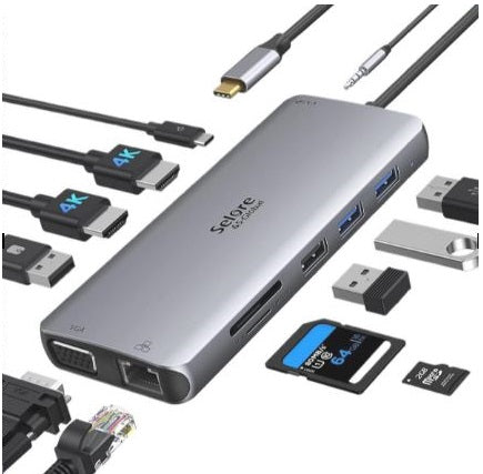 Selore & S-Global 12-in-1 USB-C Docking Station – Dual HDMI, VGA, Ethernet, SD/TF, USB 3.0, 100W PD for MacBook, Dell, Surface