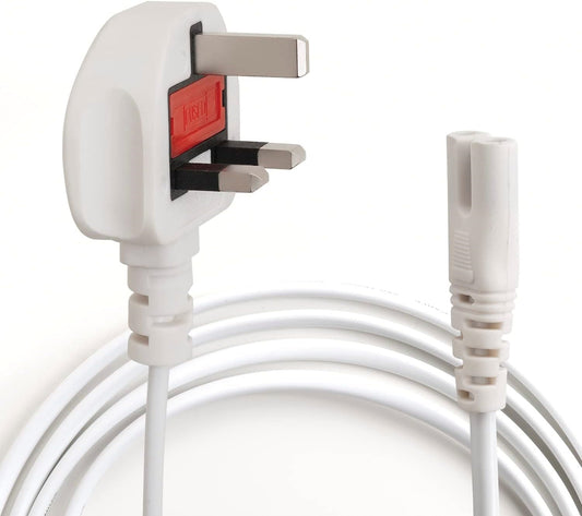 2 Pin Mains Cable IEC C7 UK Plug – 3 Meter White Power Cable for TV, Printer, Laptop Charger, PS4, PS5 & Xbox