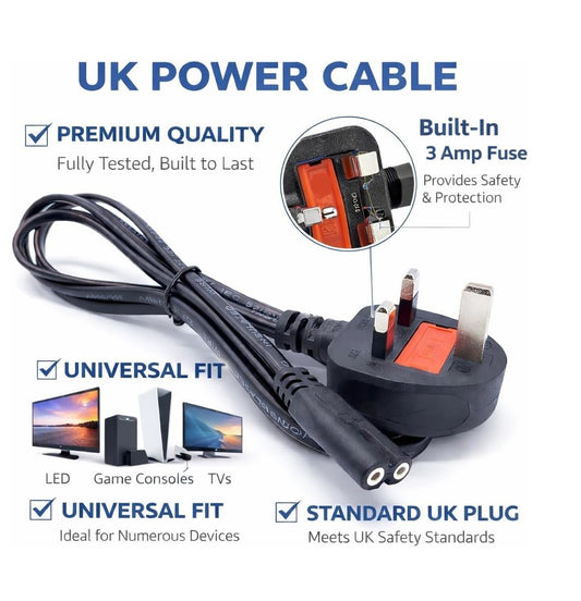 Universal UK Plug 2 Prong Power Cord – 2 Meter AC Power Cable for LED TV, Printer, Gaming Console, Kettle & More