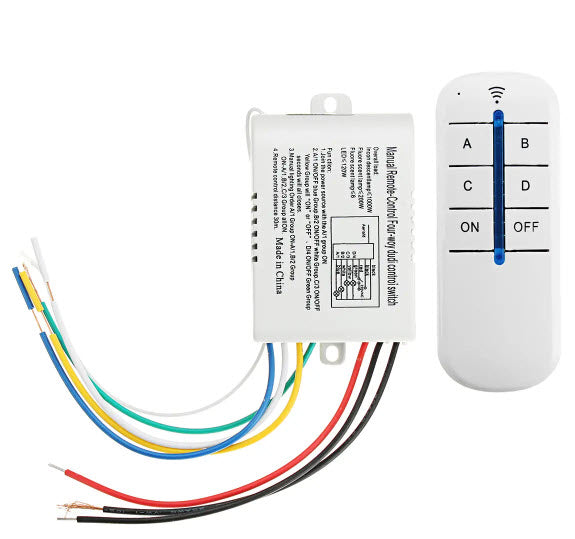 Wireless 4 Channel 220V Remote Control Switch – RF Light & Fan Controller 10A Relay with Transmitter | Home Automation Switch Kit (12V Battery Included)