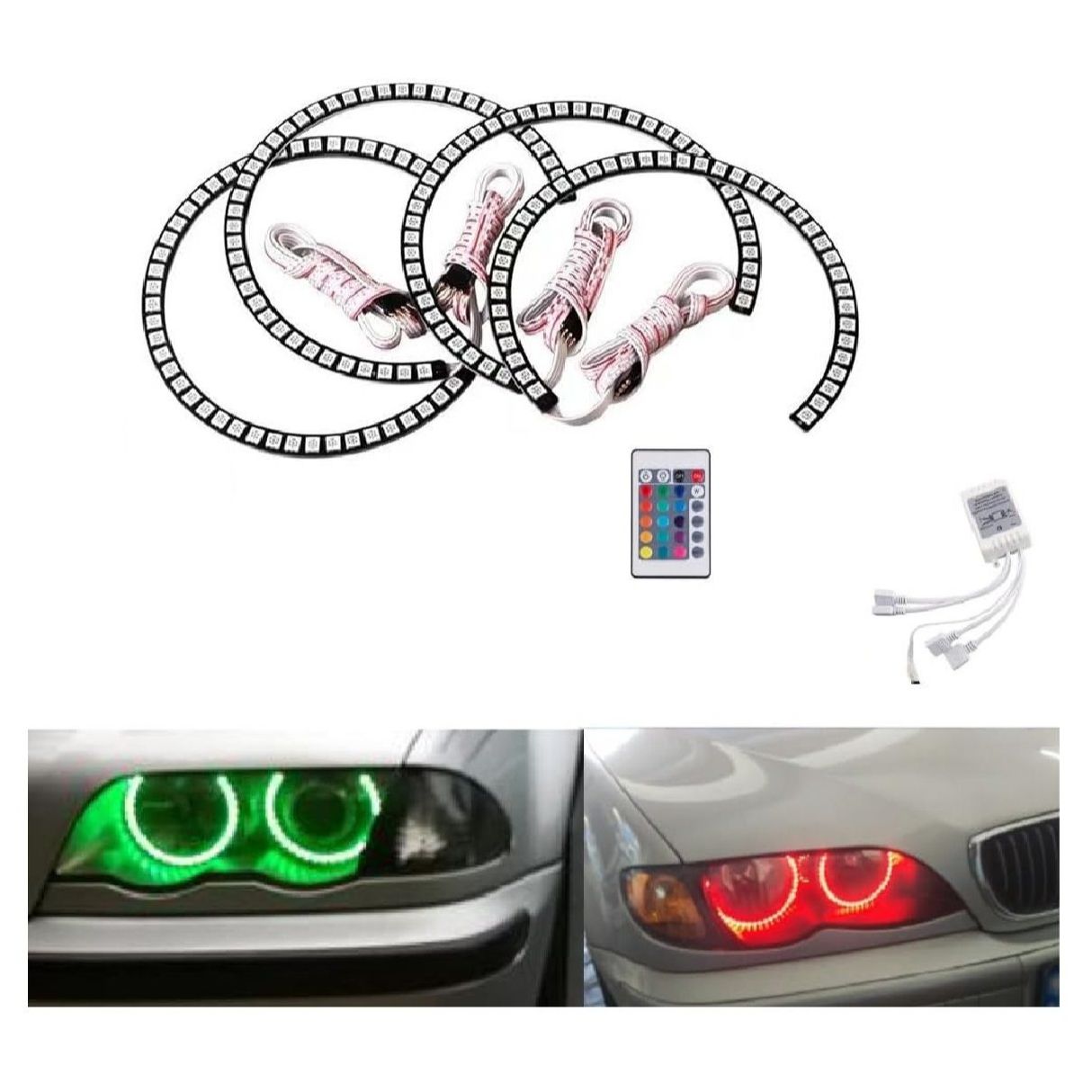4 PCS 131MM RGB LED Angel Eye Halo Rings for BMW E46 E38 E39 3/5/7 Series – 5050 SMD Multi-Color Headlight Kit with IR Remote Control (16 Colors)