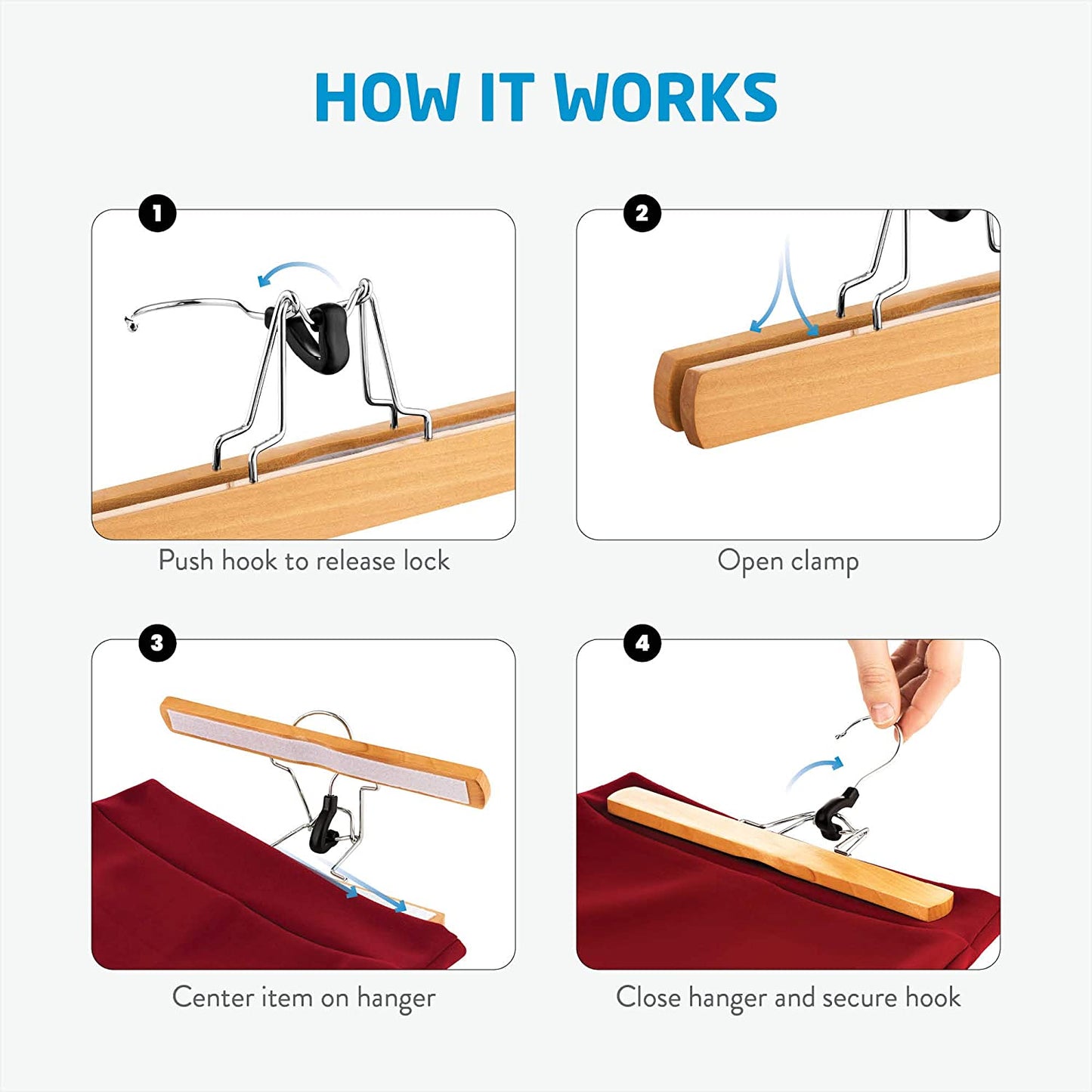 1 PC A One High-Grade Wooden Pants Hangers with Clips Non Slip Skirt Hangers, Smooth Finish Solid Wood Jeans/Slack Hanger with 360° Swivel Hook - Pants Clip Hangers for Skirts, Slacks - Clamp Hangers