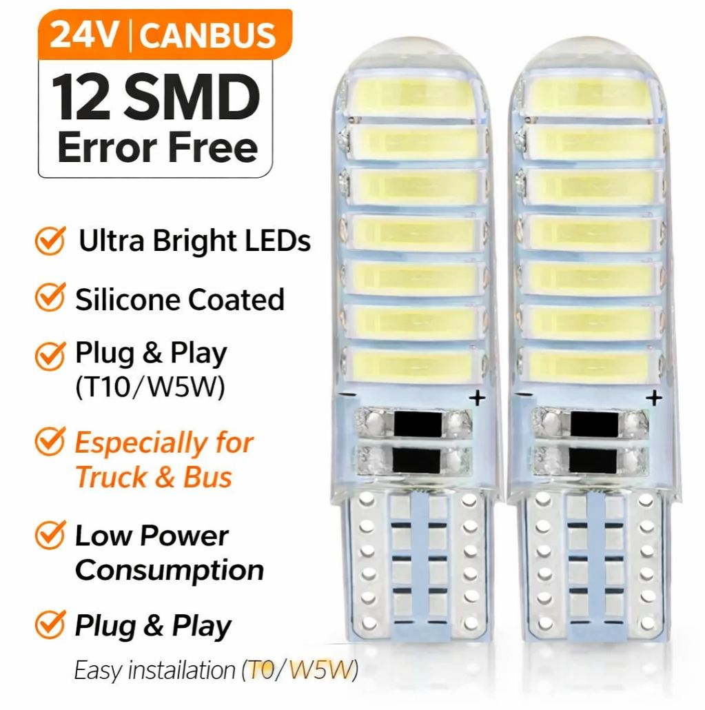 24V T10 CANBUS LED Bulb – 12 SMD Silicone Error Free Light for Truck & Bus (Pair)