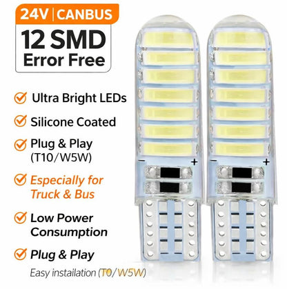 24V T10 CANBUS LED Bulb – 12 SMD Silicone Error Free Light for Truck & Bus (Pair)