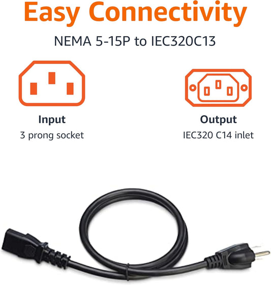 1.5M PC Power Cord 3 Prong AC Cable – 18 AWG 125V Power Cable for Computer, Monitor, TV – Heavy Duty Black Power Supply Cord