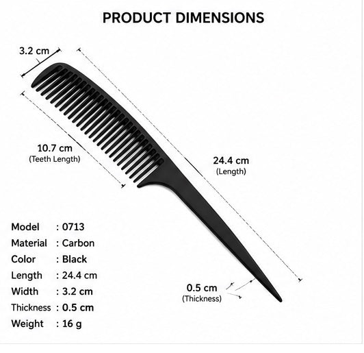 Product dimensions diagram of a black carbon hair comb on a white background, showing measurements for length, teeth length, width, thickness, and tip width, with product details listed on the left.