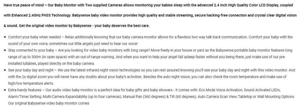 Babysense Video Baby Monitor with Camera and Audio, 2.4" Display, Supplied with Two Cameras, Long Range, Room Temperature, Night Vision, Two Way Talk Back, Lullabies and White Noise, Model V24R_2