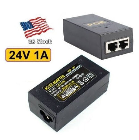 Two black AC-DC adapters shown on a white background, one from the front showing two RJ45 ports and one from the side showing a power connector. A yellow label with '24V 1A' and an American flag graphic with 'US Stock' are also shown.