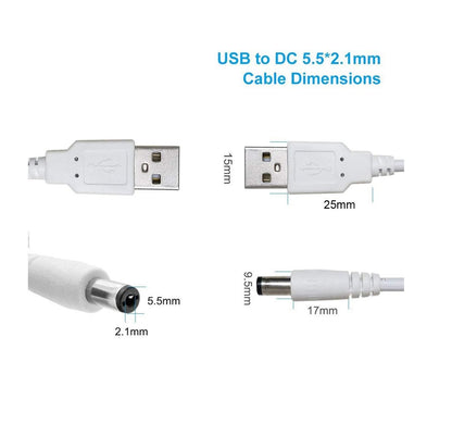 3.5 Meter USB to DC Male Power Cable 5V – USB to 5.5 x 2.1mm DC Plug Charging Converter Cable for Routers, Keyboards & Electronic Devices – White