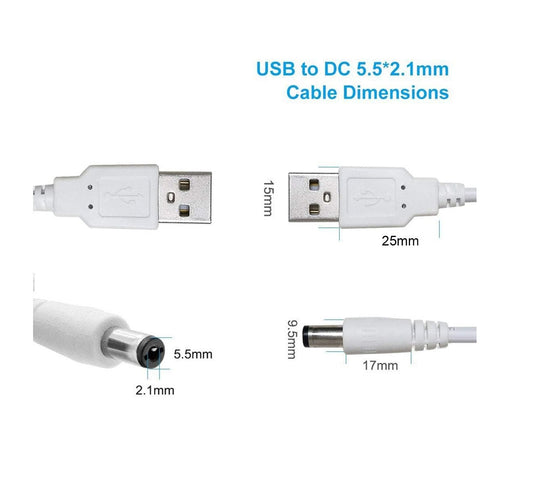 3.5 Meter USB to DC Male Power Cable 5V – USB to 5.5 x 2.1mm DC Plug Charging Converter Cable for Routers, Keyboards & Electronic Devices – White