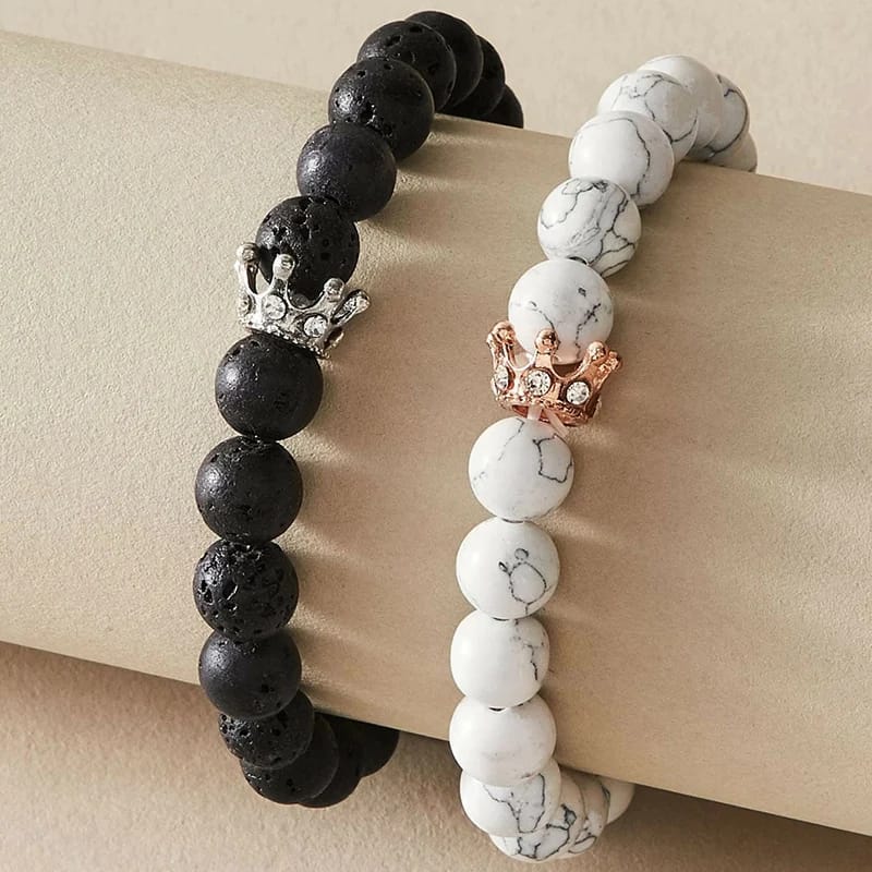2pice Kirykle 8mm Black White Natural Lava Stone Rhinestone Decor Crown Bracelet Beads Bracelets for Men Women Couples Jewelry Gift