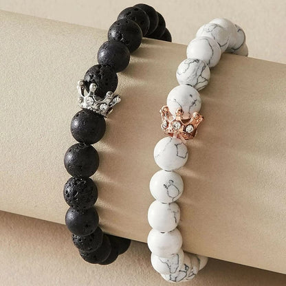 2pice Kirykle 8mm Black White Natural Lava Stone Rhinestone Decor Crown Bracelet Beads Bracelets for Men Women Couples Jewelry Gift