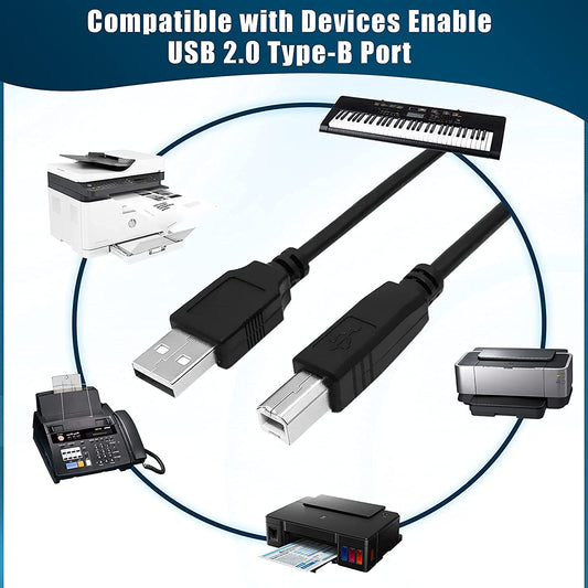 USB Printer Cable, USB 2.0 A to B Lead. Compatible with printers and scanners and all other USB A/B devices, Black USB Cable