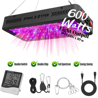 Phlizon Upgraded 600W LED Grow Light with SMD LEDs For 2x2ft Aria Full Spectrum Plants Light Double Switch Grow Led for Indoor Veg and Flower