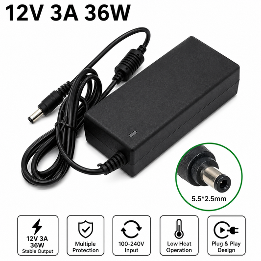 12V 3A 36W AC/DC Power Adapter | 12 Volt 3000mA Switching Power Supply Charger | 100-240V AC Input | 5.5×2.1mm DC Plug | For CCTV Camera, DVR, NVR, LED Strip, Router, Modem, LCD Monitor & Electronic Devices