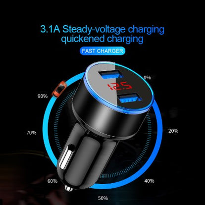 Dual USB Car Charger 3.1A Fast Charging with LED Digital Voltmeter – Cigarette Lighter Mobile Phone USB Adapter for 12V–24V Vehicles