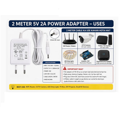 5V 2000mA Switching Power Supply Adapter 100-240V AC to DC | 3.5mm DC Jack | 2 Meter Cable | High Efficiency Charger