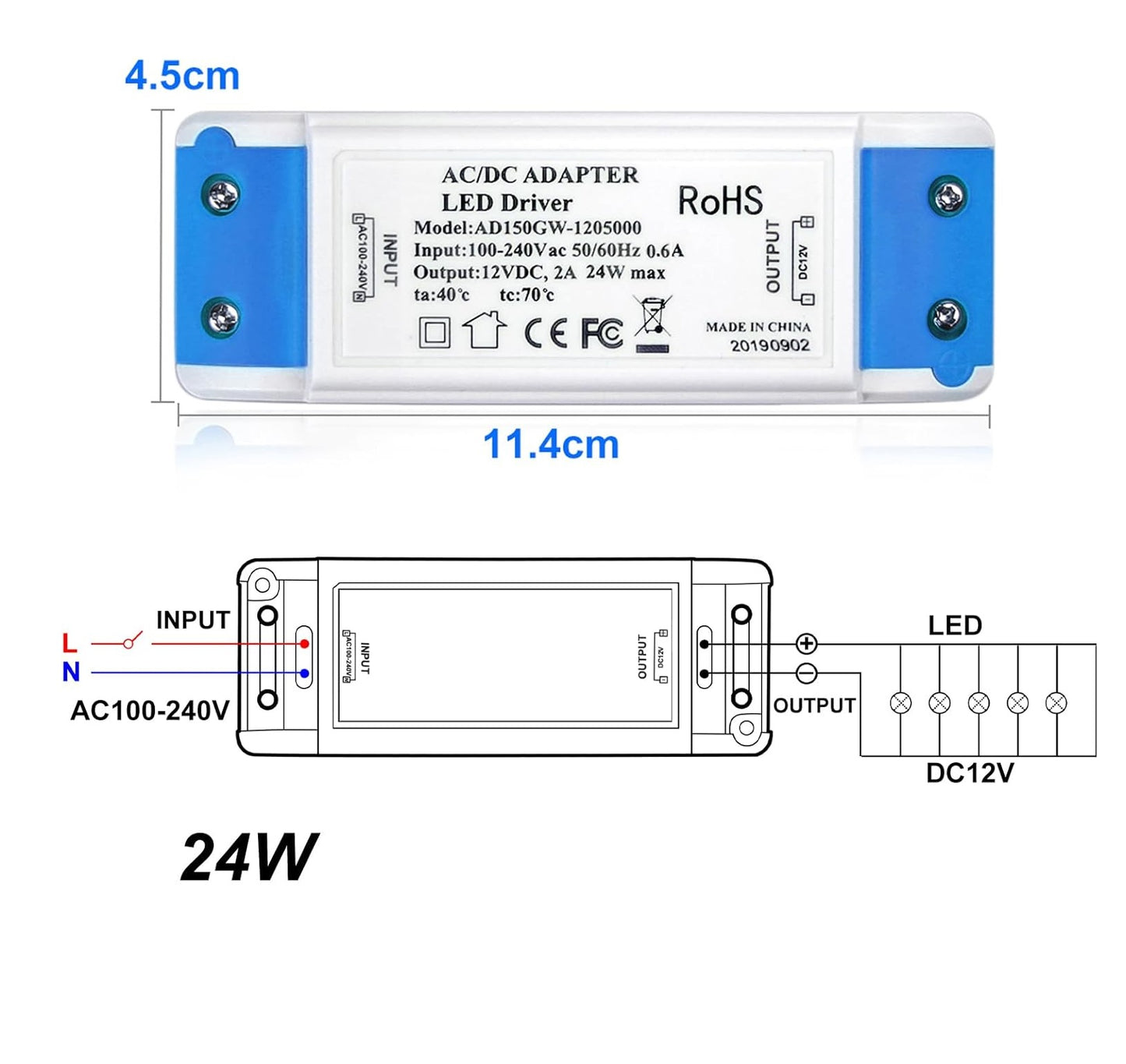 LED Transformer 24W 12V DC Power Supply Adapter – 240V AC to 12V DC 2A LED Driver for LED Strip Lights, Cabinet Lights, MR11/MR16 Bulbs & Ring Doorbell