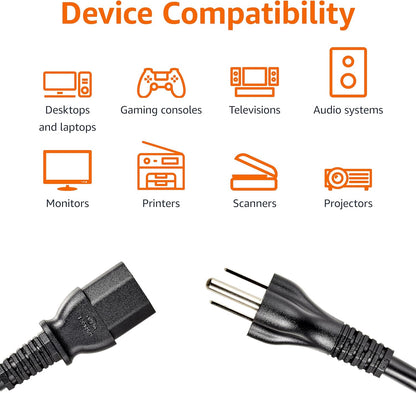 1.5M PC Power Cord 3 Prong AC Cable – 18 AWG 125V Power Cable for Computer, Monitor, TV – Heavy Duty Black Power Supply Cord