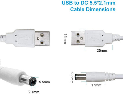 3.5 Meter USB to DC Male Power Cable 5V – USB to 5.5 x 2.1mm DC Plug Charging Converter Cable for Routers, Keyboards & Electronic Devices – White