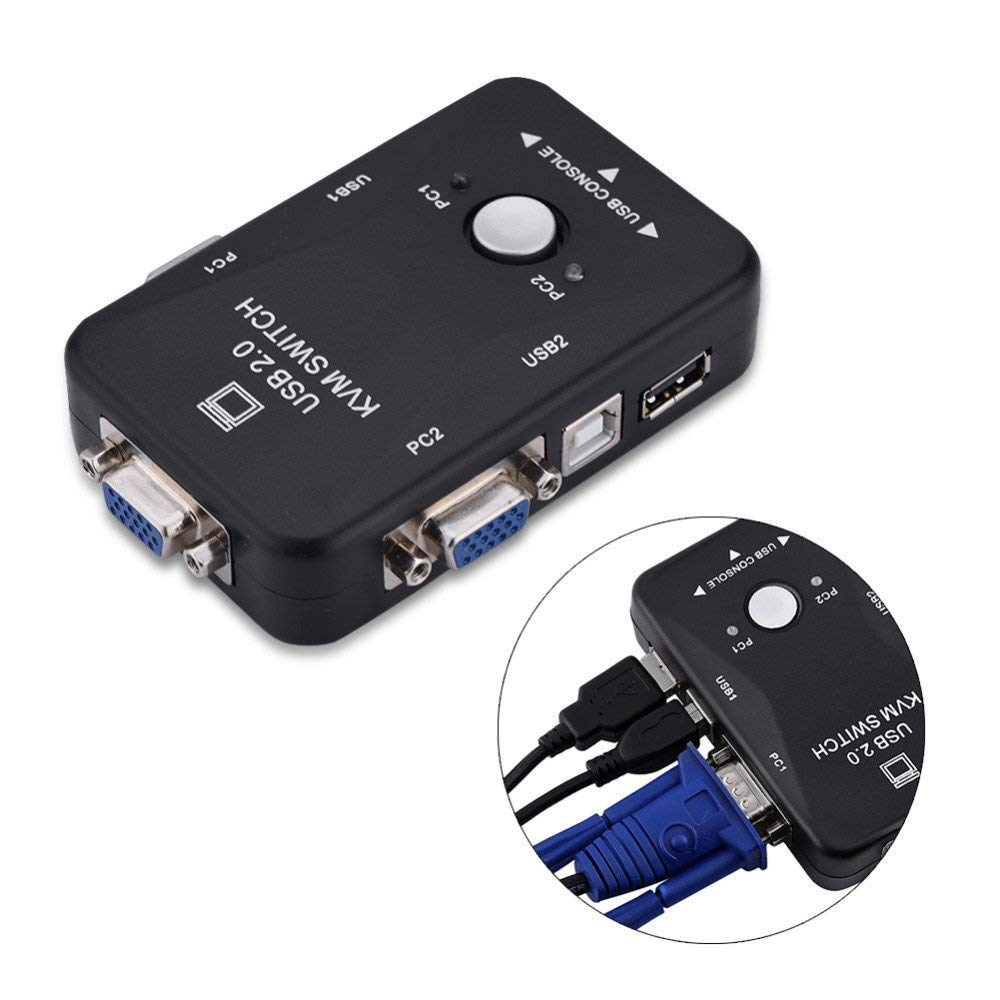 Branded 2 Port USB 2.0 KVM Switch Box – 2 In 1 Out Keyboard Mouse Monitor Sharing Switch for PC, Laptop & Desktop