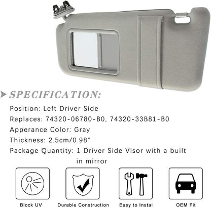 Left Driver Side Sun Visor Replacement for Toyota Camry 2007–2011 | Beige Sunshade Without Sunroof | Camry Hybrid Compatible