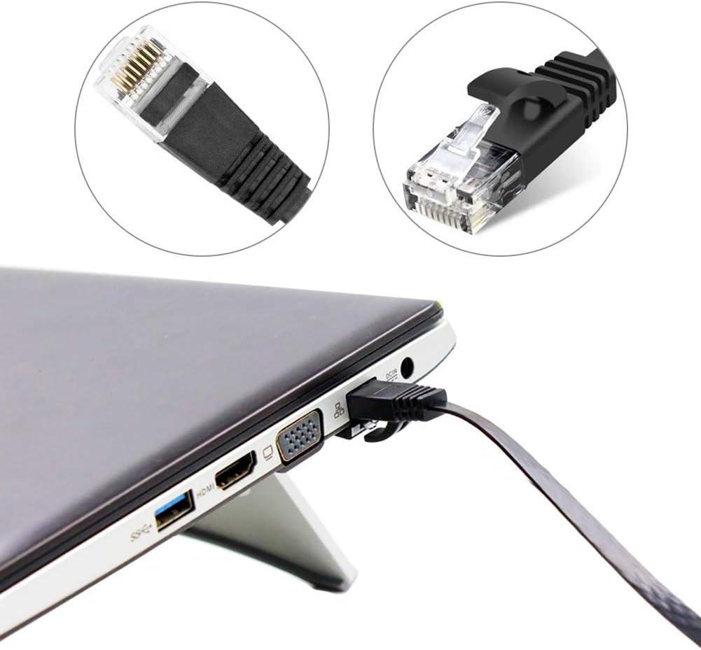 Flat Cat5 Ethernet Cable 2M – Low Profile RJ45 Gigabit LAN Patch Cable 1000Mbps Pure Copper Network Cable (Black)