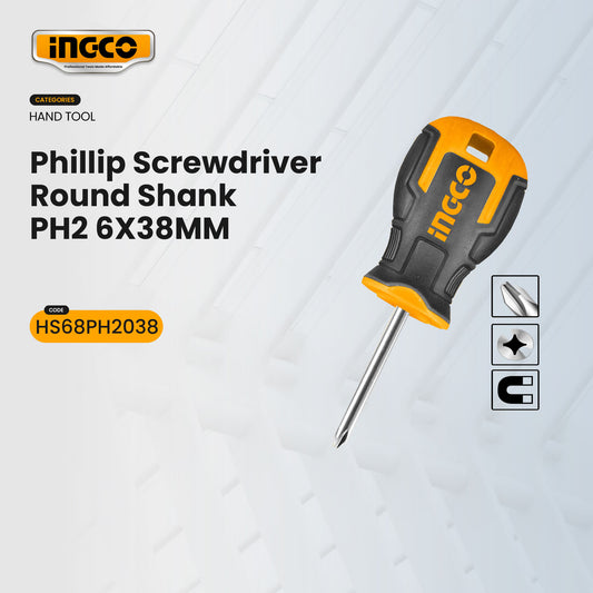 INGCO PH2 Screwdriver 6×38mm S2 Steel – Industrial Heavy Duty Round Shank (1 Pc)