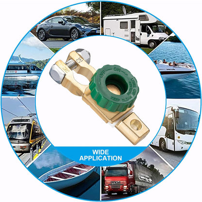 12V–24V Top Post Battery Cut Off Switch with Green Knob – Quick Disconnect Battery Isolator for Cars, Trucks, RVs & Boats