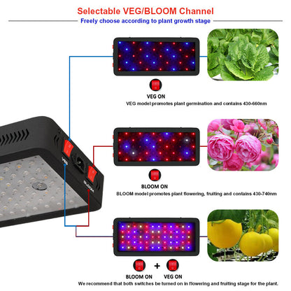 Phlizon Upgraded 600W LED Grow Light with SMD LEDs For 2x2ft Aria Full Spectrum Plants Light Double Switch Grow Led for Indoor Veg and Flower