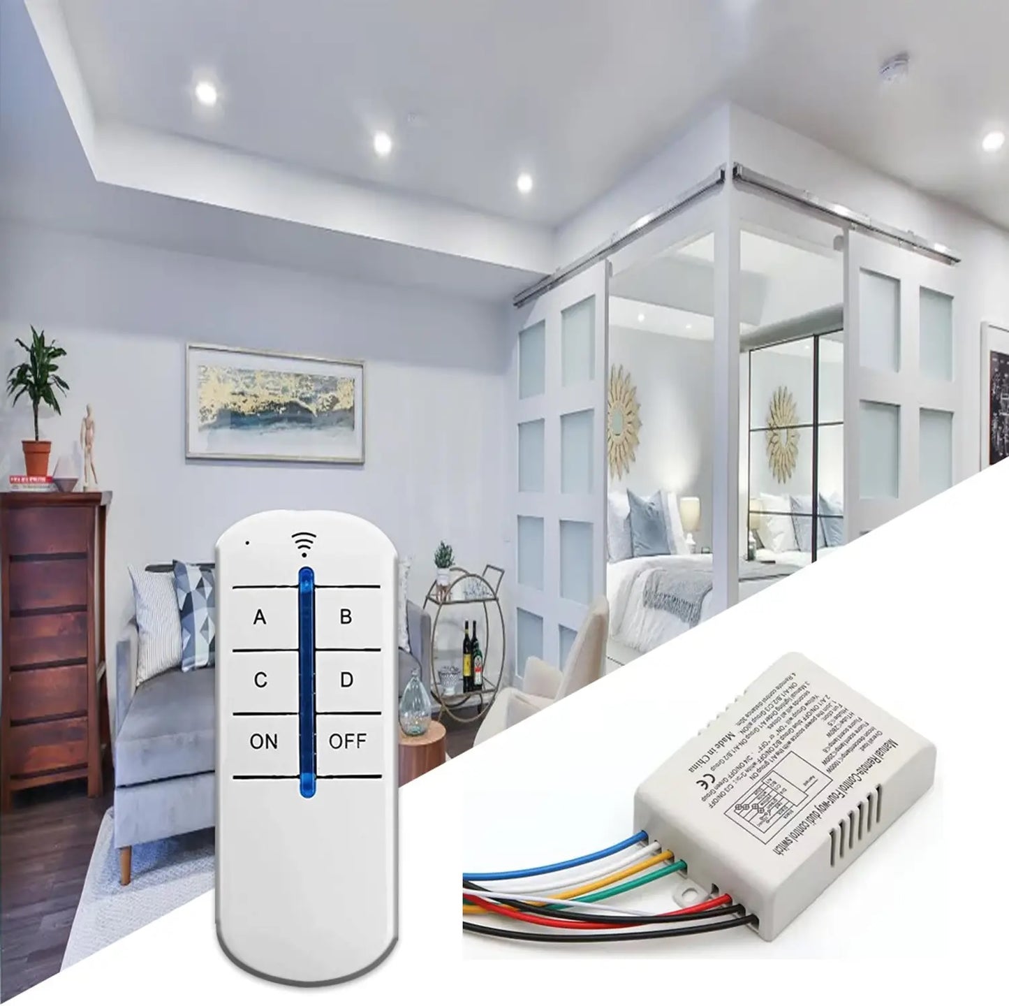 Wireless 4 Channel 220V Remote Control Switch – RF Light & Fan Controller 10A Relay with Transmitter | Home Automation Switch Kit (12V Battery Included)