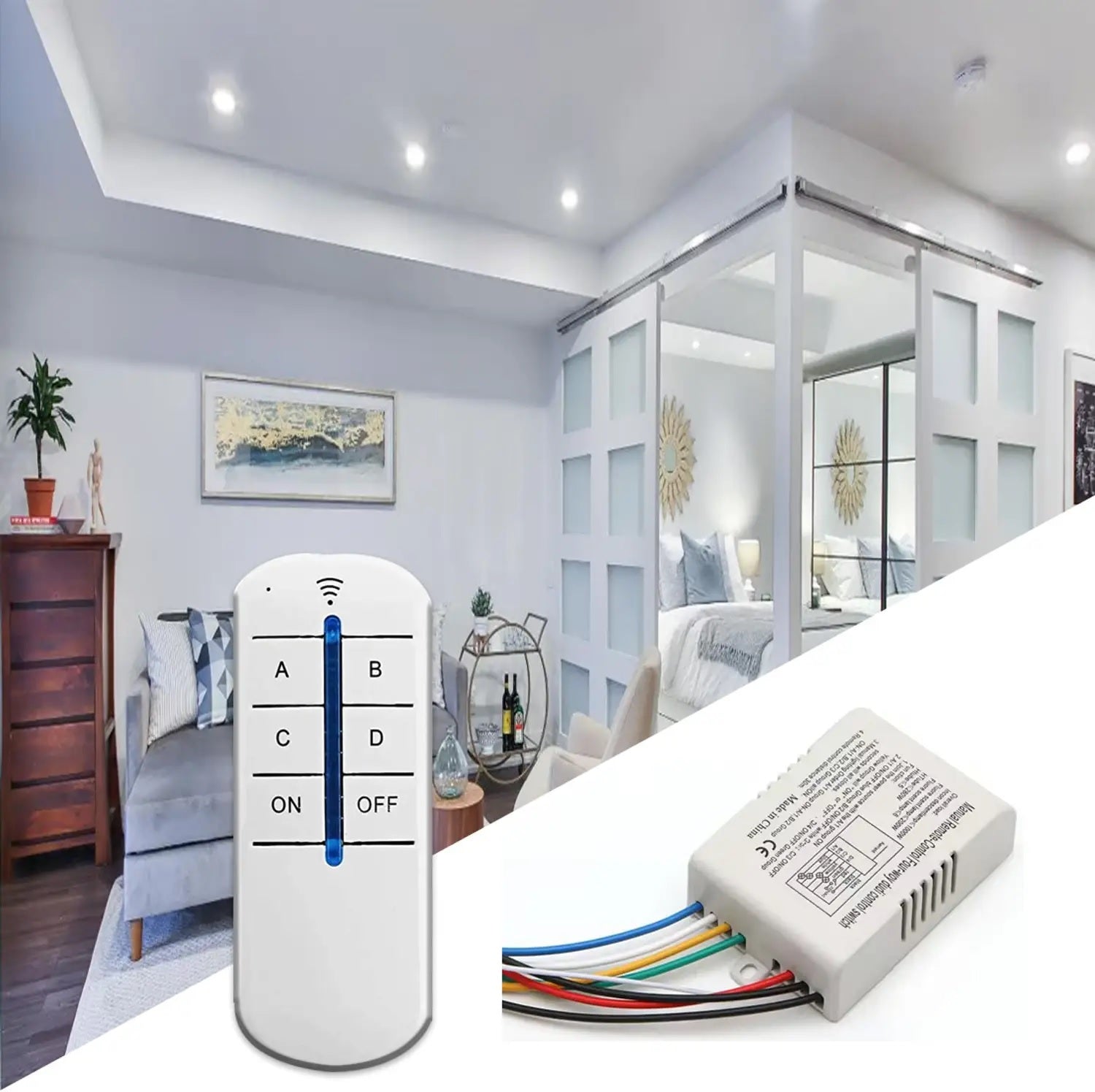 Wireless 4 Channel 220V Remote Control Switch – RF Light & Fan Controller 10A Relay with Transmitter | Home Automation Switch Kit (12V Battery Included)