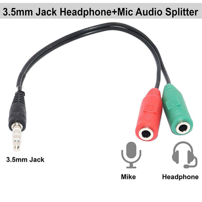 3.5mm Headphone & Mic Audio Y Splitter Cable – Dual Jack Adapter for PC/Laptop (Red/Green)