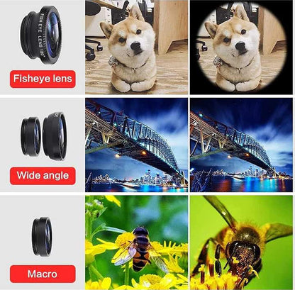 Fish Eye Lens 3 In 1 Metal Mobile Lenses Fish Eye Clip-On Wide Angle Camera Lens for Phone – Compatible with All Smartphones, Tablets, iOS & Android