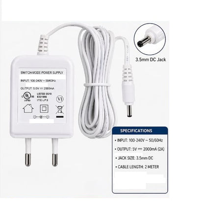 5V 2000mA Switching Power Supply Adapter 100-240V AC to DC | 3.5mm DC Jack | 2 Meter Cable | High Efficiency Charger